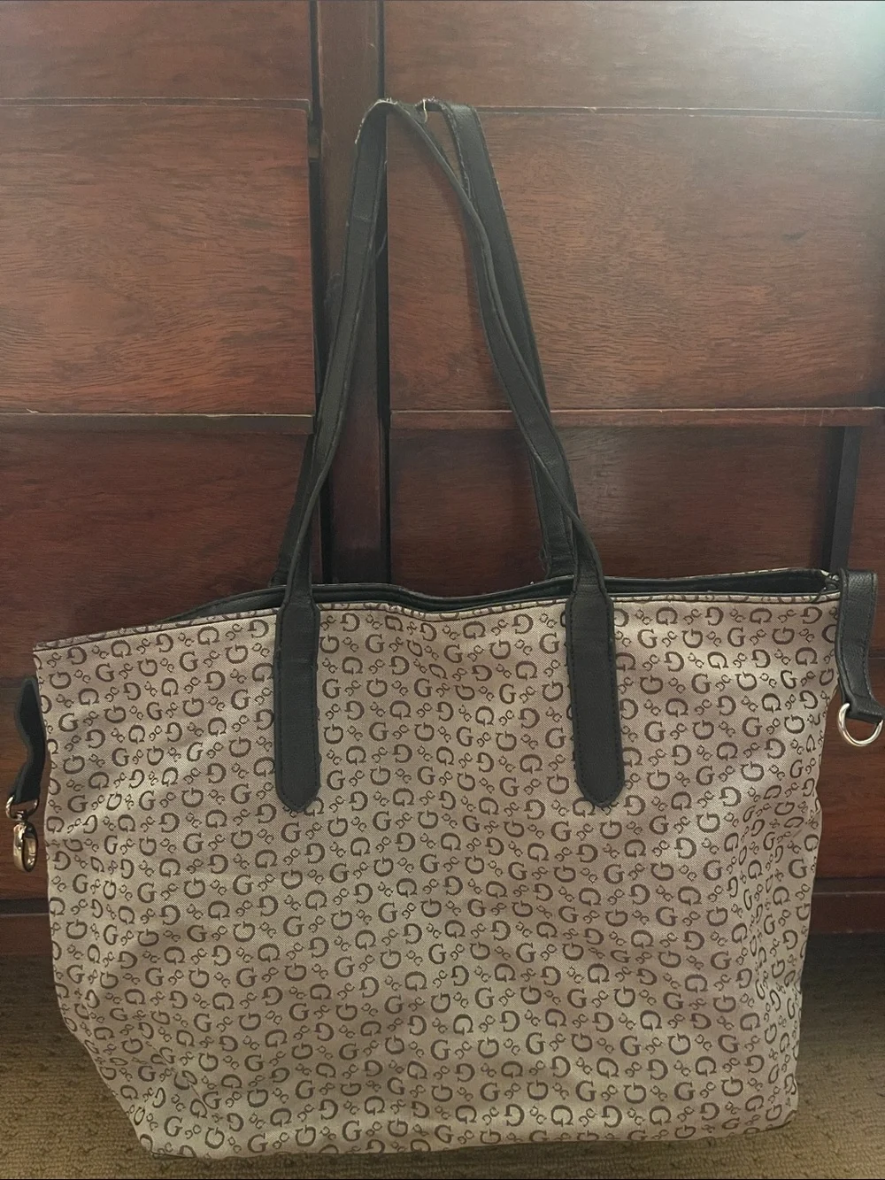 GUESS Cream Logo-Print Tote with Black Trim